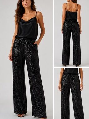 H&M Black Sequin Wide Leg Pants – Size Large
